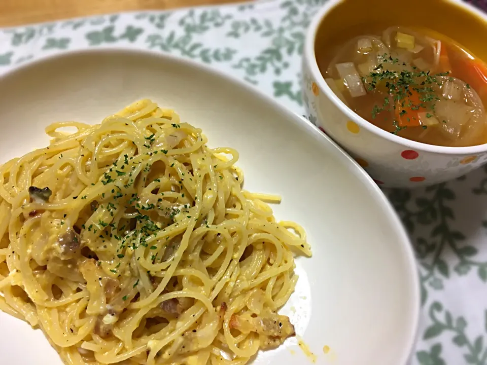 フライパン不使用カルボナーラ
焼き葱と野菜のスープ|こいちさん