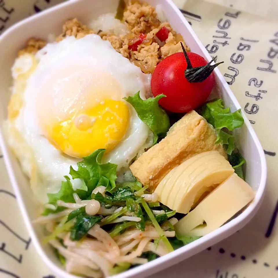 2017,03,31今日のお弁当
#ガパオ #えのきと豆苗の明太子和え #たけのこと厚揚げの煮物|Marimo styleさん