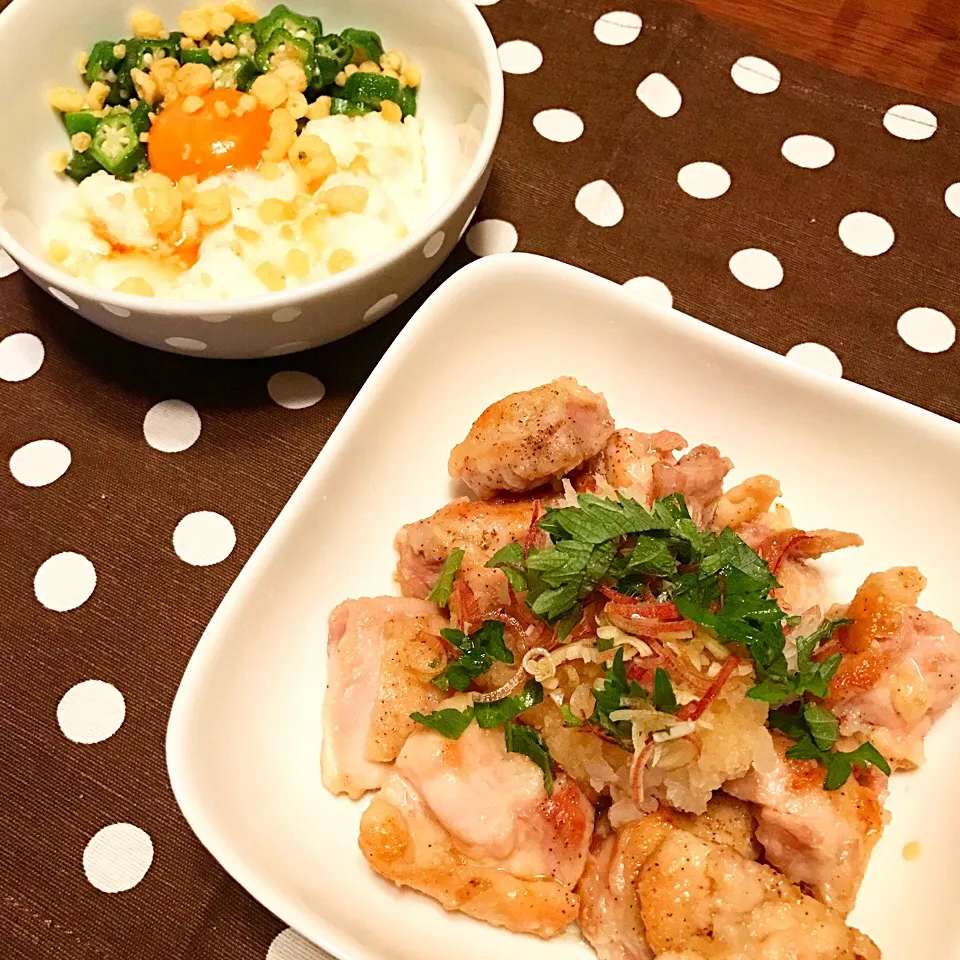 鶏肉のおろしポン酢♡長芋とオクラのねばねばサラダ♡|まゆかさん