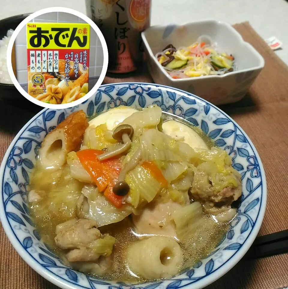 #17040103 白菜鶏肉その他残材のおでんの素煮/春雨の酢の物/ご飯 ¥280|dune725さん