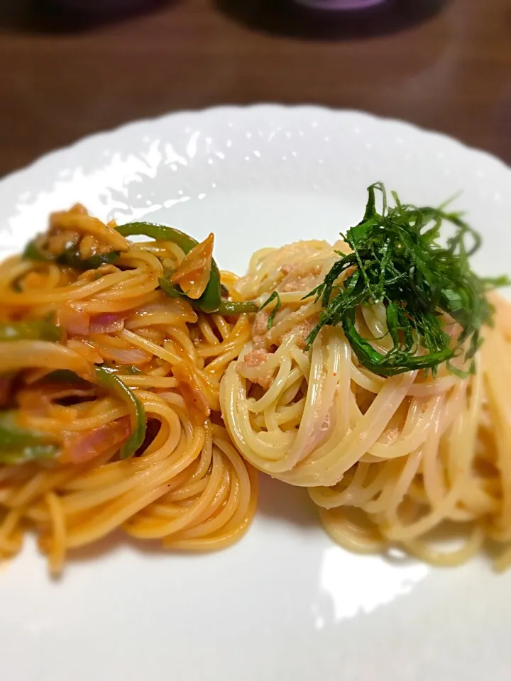 今夜はパスタ🍝
明太子と ナポリタンの二種♡|sakiさん