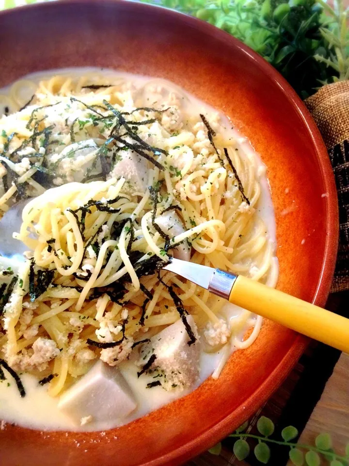 里芋と鶏ひき肉の味噌クリームパスタ|MAPITEEさん