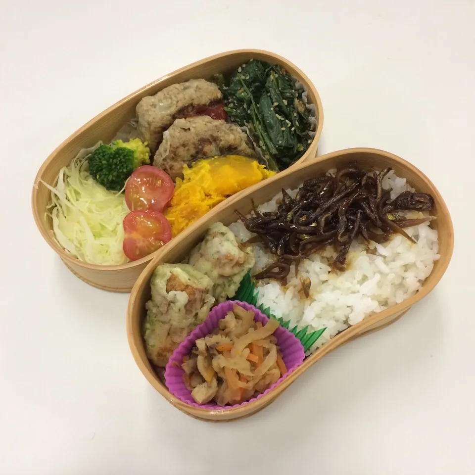 弁当（ハンバーグ、ほうれん草ゴマ和え、かぼちゃ、サラダ、ちくわ磯辺揚げ、切り干し大根、イカナゴ釘煮）|SasaMasa213さん