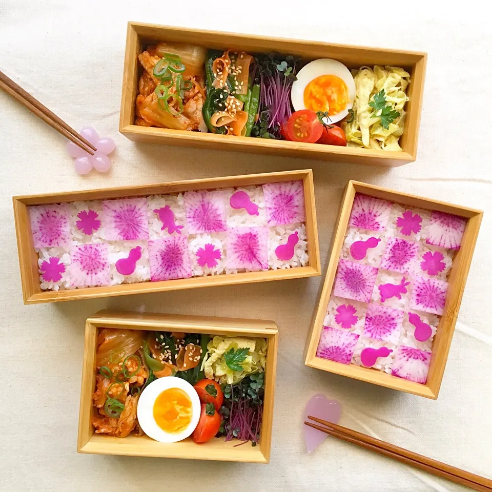 レディーサラダの浅漬け格子柄ご飯
豚キムチとおばんざいお弁当|kumixxxさん