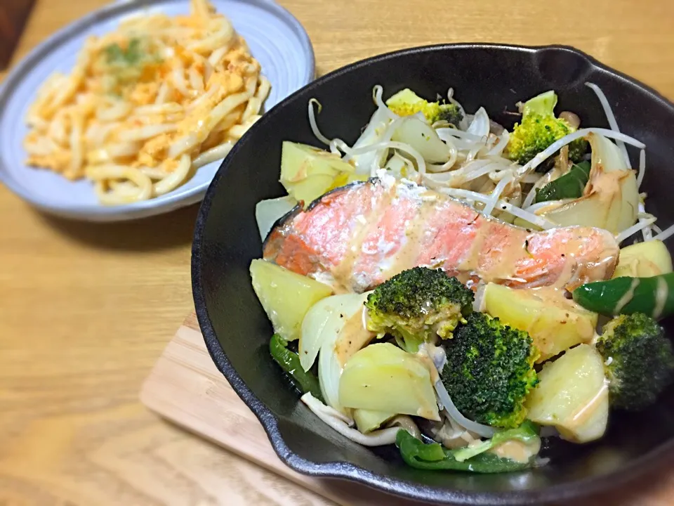 鮭と野菜のスチーム&ナポリタンっぽいうどん|あやさん