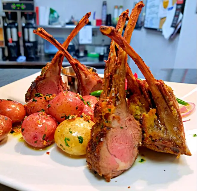 roasted lamb with olive oil  poached potatoes and a mint demi sauce...|chef Charlesさん