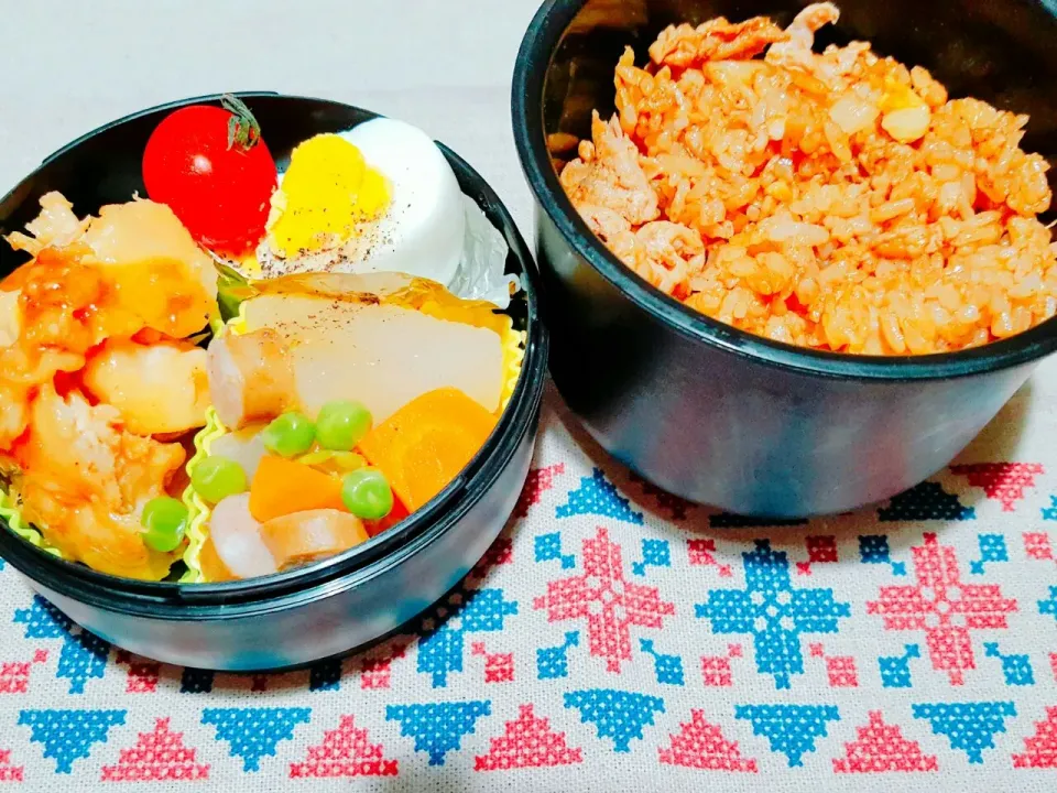 お弁当。ソース焼飯とゆで卵と照り焼きチキンと大根野菜のコンソメ煮。|エリカさん