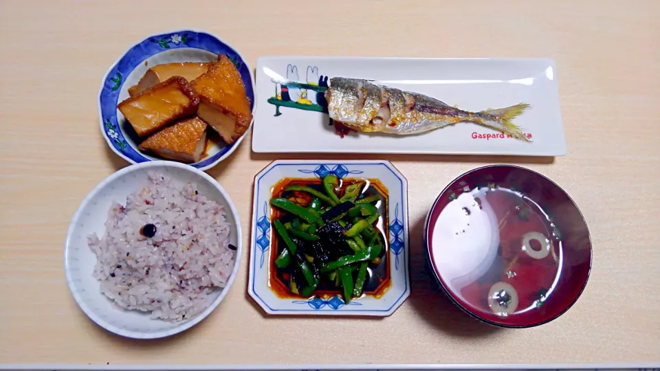 4月３日　鯵の塩焼き　ピーマンと塩昆布のレモン和え　厚揚げ豆腐の煮物　お吸い物|いもこ。さん