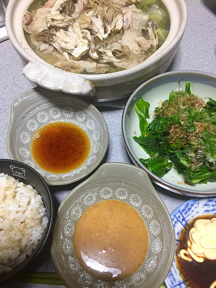 もち麦飯、具沢山湯豆腐、かき菜|ms903さん