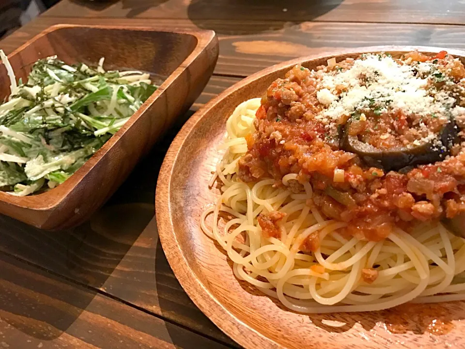 ナスとひき肉のボロネーゼと水菜のサラダ|keikoさん