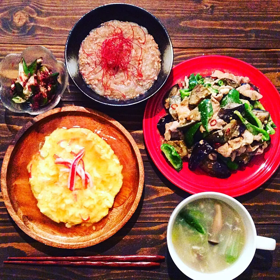 Snapdishの料理写真:#かに玉
#ナスとピーマンの味噌炒め
#麻婆春雨
#オクラの梅和え
#中華スープ|keikoさん