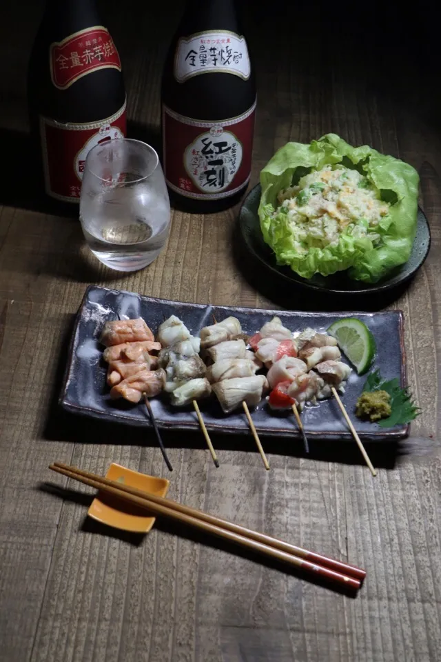 Snapdishの料理写真:刺身を串焼きに
枝豆と生ハムのポテトサラダ|sabu-hinataさん