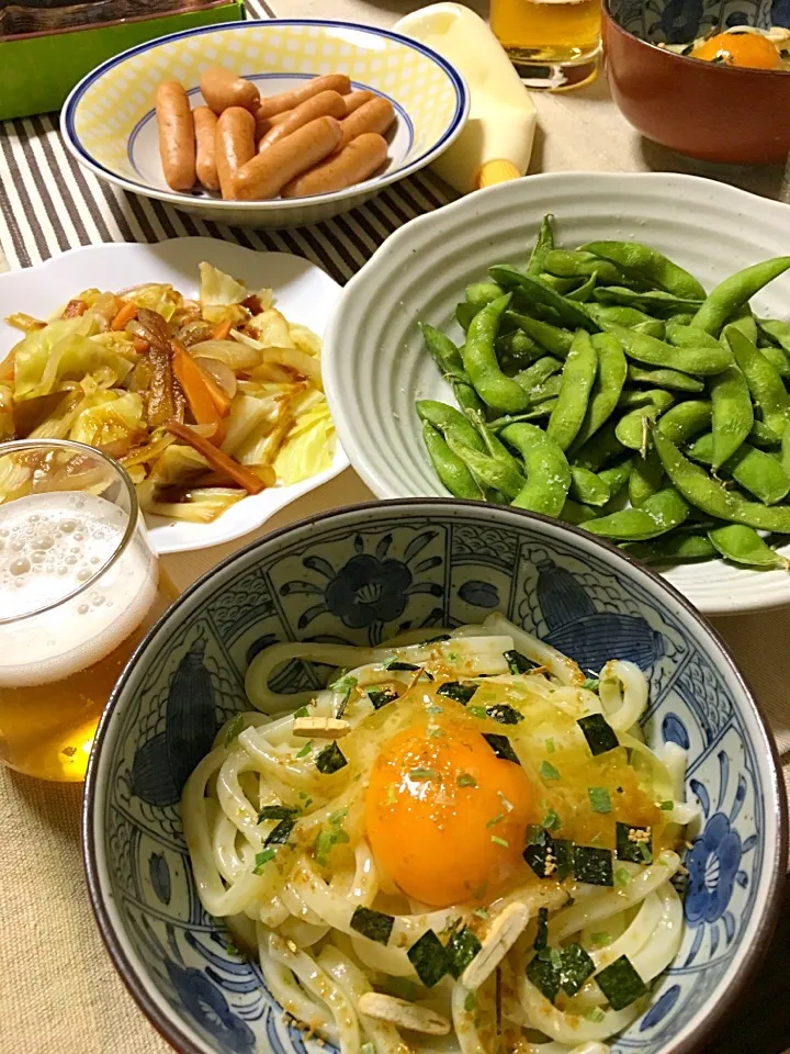 釜玉うどん、野菜炒め、ボイルウィンナー、枝豆(*^｡^*)|ライムさん