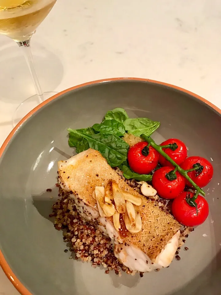 Roasted grouper, black quinoa & tomatoes on vine with a tropical fruit sauce|Aunty Gさん