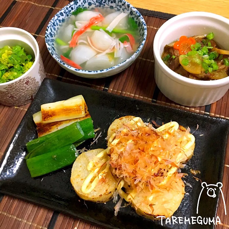 Snapdishの料理写真:いつかの晩酌ご飯😋 ＊長芋のナンプラー焼き ＊カブのカニカマ餡かけ ＊ふきのとうのお浸し ＊牛すじ煮込み|たれめぐま◡̈✩*さん