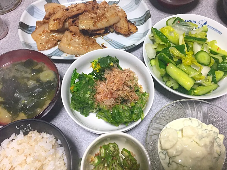 Snapdishの料理写真:もち麦飯、豚生姜焼き、オクラ、白菜キュウリ浅漬け、ポテサラ、ネギわかめ味噌汁、かき菜|ms903さん