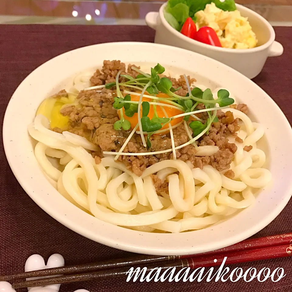 肉味噌玉子うどんとポテサラ🙄|マイコさん