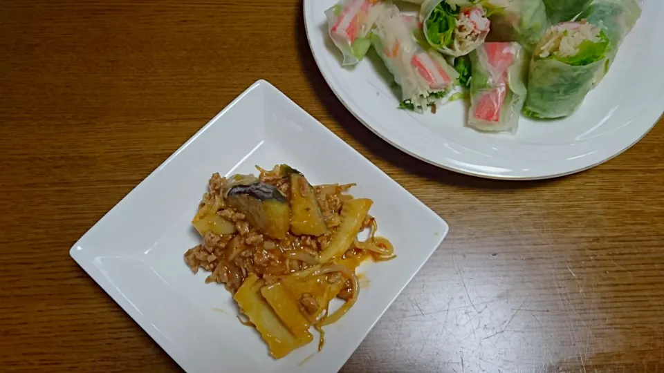 生春巻きと筍モヤシ茄子麻婆炒め|Akiko Nakamotoさん