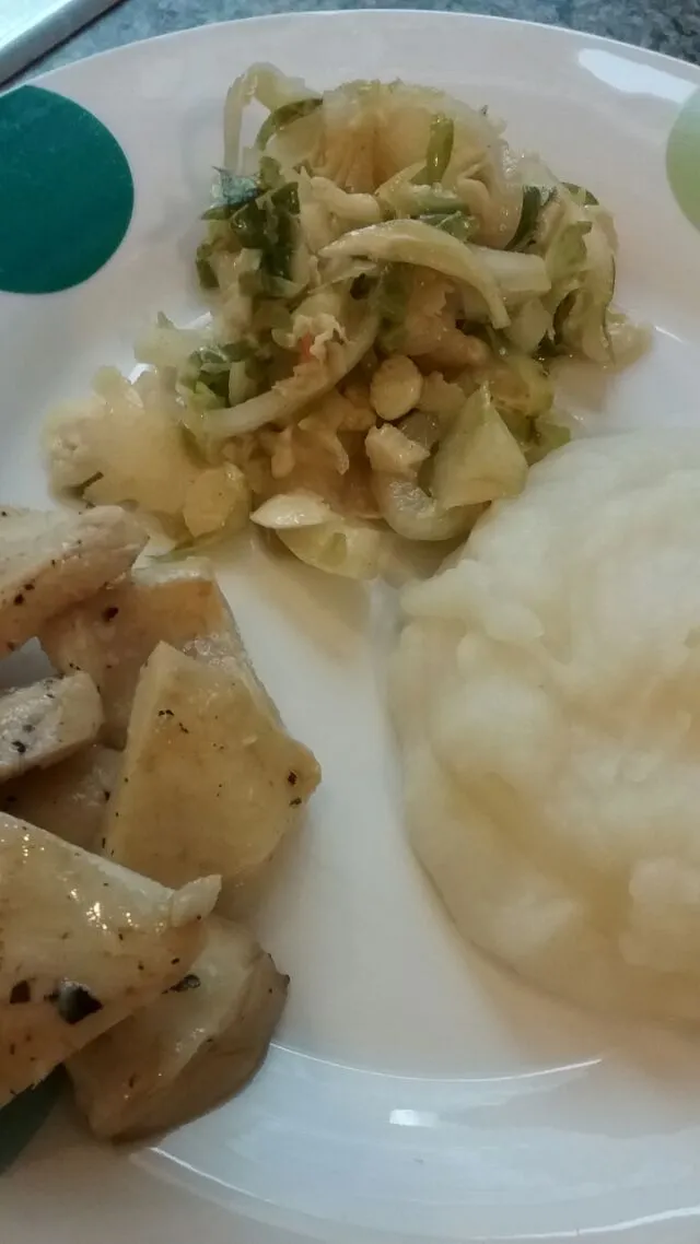 my dinner,  grilled artichokes,  mashed potatoes,  and shaved Brussels sprouts salad.|Polly Gelfusoさん