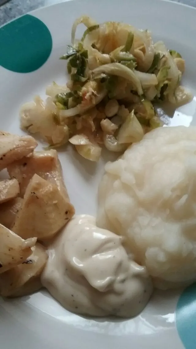 Brussels sprouts salad,  mashed potatoes,  grilled artichokes,  and I added ranch dressing.|Polly Gelfusoさん