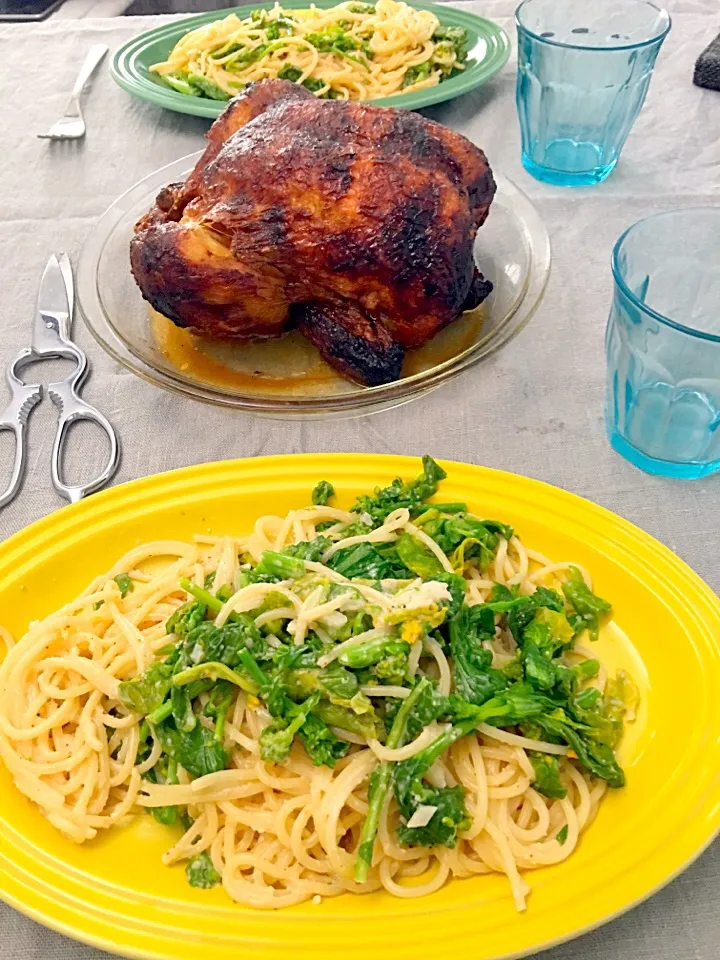 Snapdishの料理写真:コストコチキンと菜の花明太子パスタ|Yokoさん