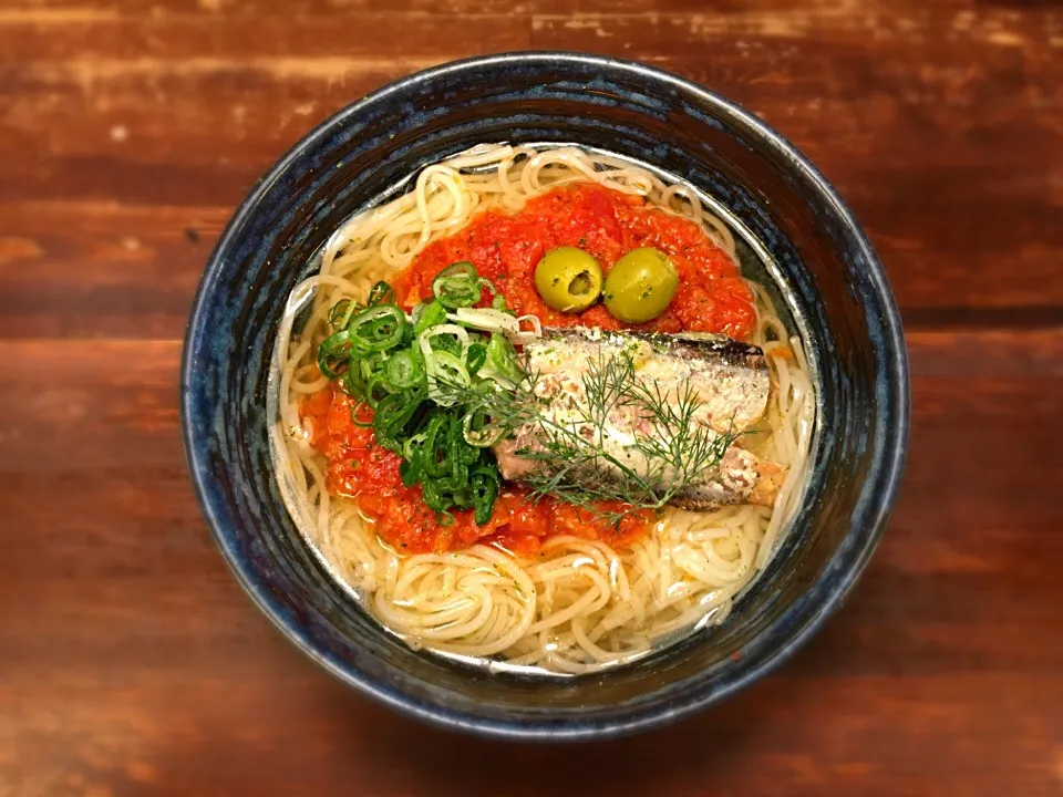 オイルサーディンのトマトソースそうめん1|半田手延べそうめんの店 阿波や壱兆さん