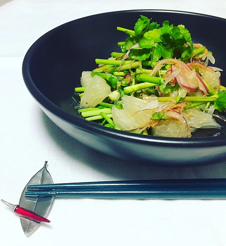 Ethnic Flavor Salad with Japanese Parsley, Pomelo and Dried Sliced Squid / ザボン(文旦)、芹、切りいかのエスニック風サラダ|Laraさん