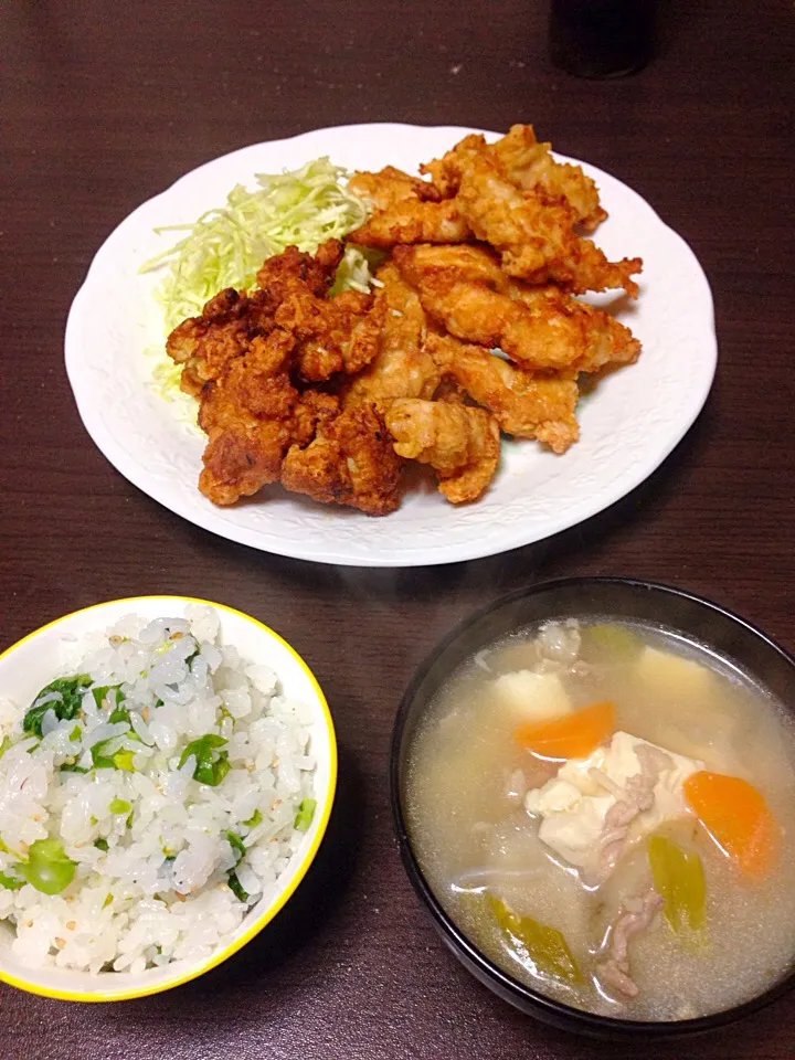 ささみ揚げと菜の花ごはんと豚汁っぽいやつ|こんこんさん