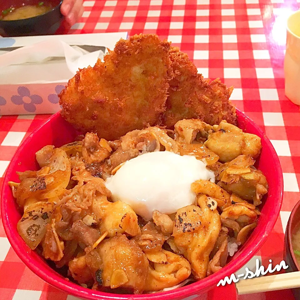 ご飯の上にキャベツの千切りをのせ、鶏肉、牛肉、玉ねぎのタレ焼きをのせて温玉トッピング、
チキンカツをそえた丼。
その名も、スタミナ野郎丼！￥850。
食券購入後タレの種類とニンニクの量を選んで注文。
野郎ばかりが集まりそうな店。|m-shinさん