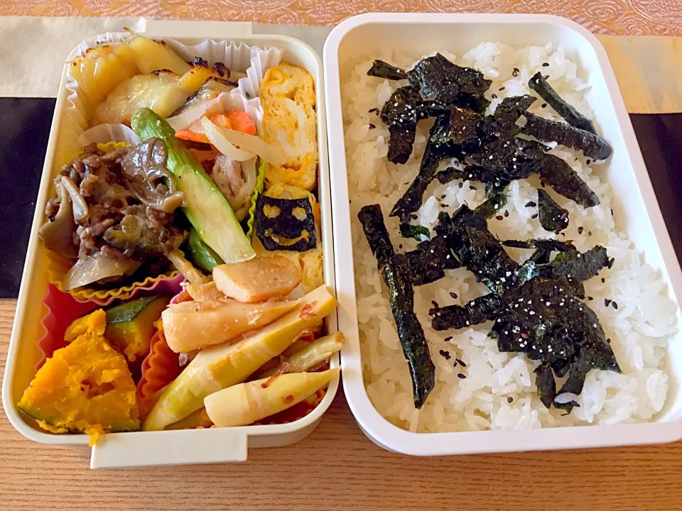 Snapdishの料理写真:息子弁当🍱銀ダラ、豚肉とアスパラ炒め、茄子と🍆挽肉のオイスター炒めなど(*^_^*)#|もなかさん