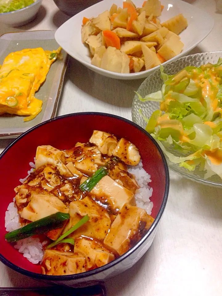 激辛四川風麻婆豆腐。グリーンサラダ。土佐煮。ニラネギ卵焼き|あやにん食堂さん