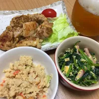 Snapdishの料理写真:鶏ハニーマスタード焼、ポパイザエッグスクランブル、おからの炊いたん|くろさん