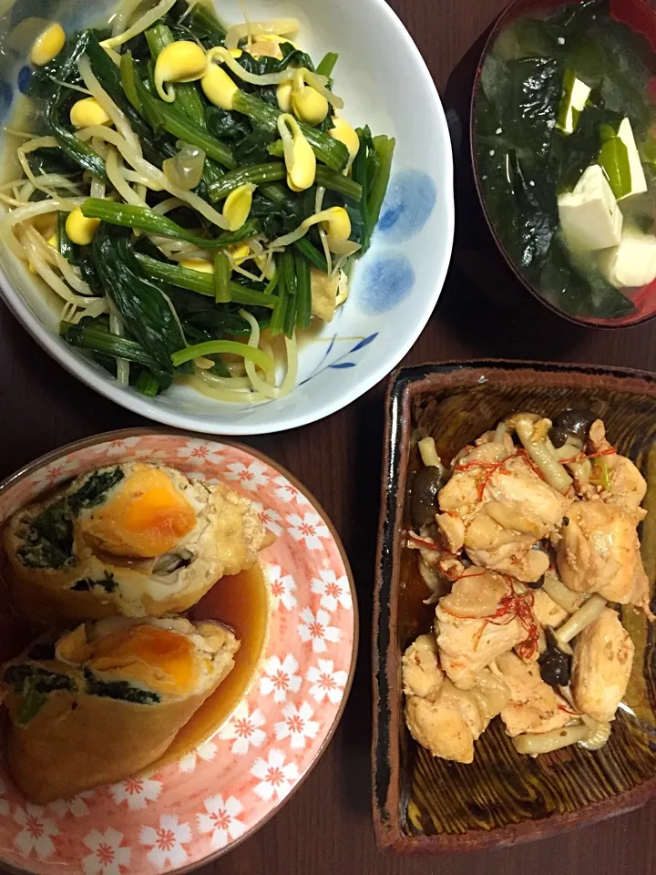 4月13日晩ご飯。コストコもろみチキン、野菜の煮浸し、たまごの袋煮、お味噌汁。|あやさん