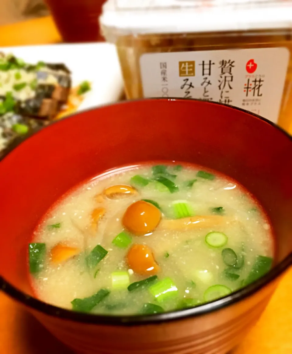 Snapdishの料理写真:新玉ねぎとなめ茸のお味噌汁|のぶのぶさん