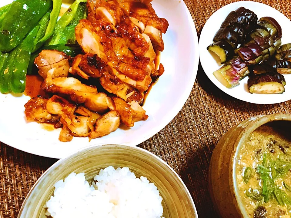 鳥の照り焼き+とろろと卵のスープ+茄子のぬか漬け|しげさんさん