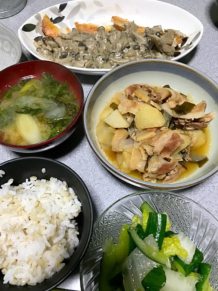 もち麦飯、白身魚ソテー豆乳ホワイトソース、春菊ネギ味噌汁、椎茸入り肉じゃが、白菜キュウリ浅漬け|ms903さん