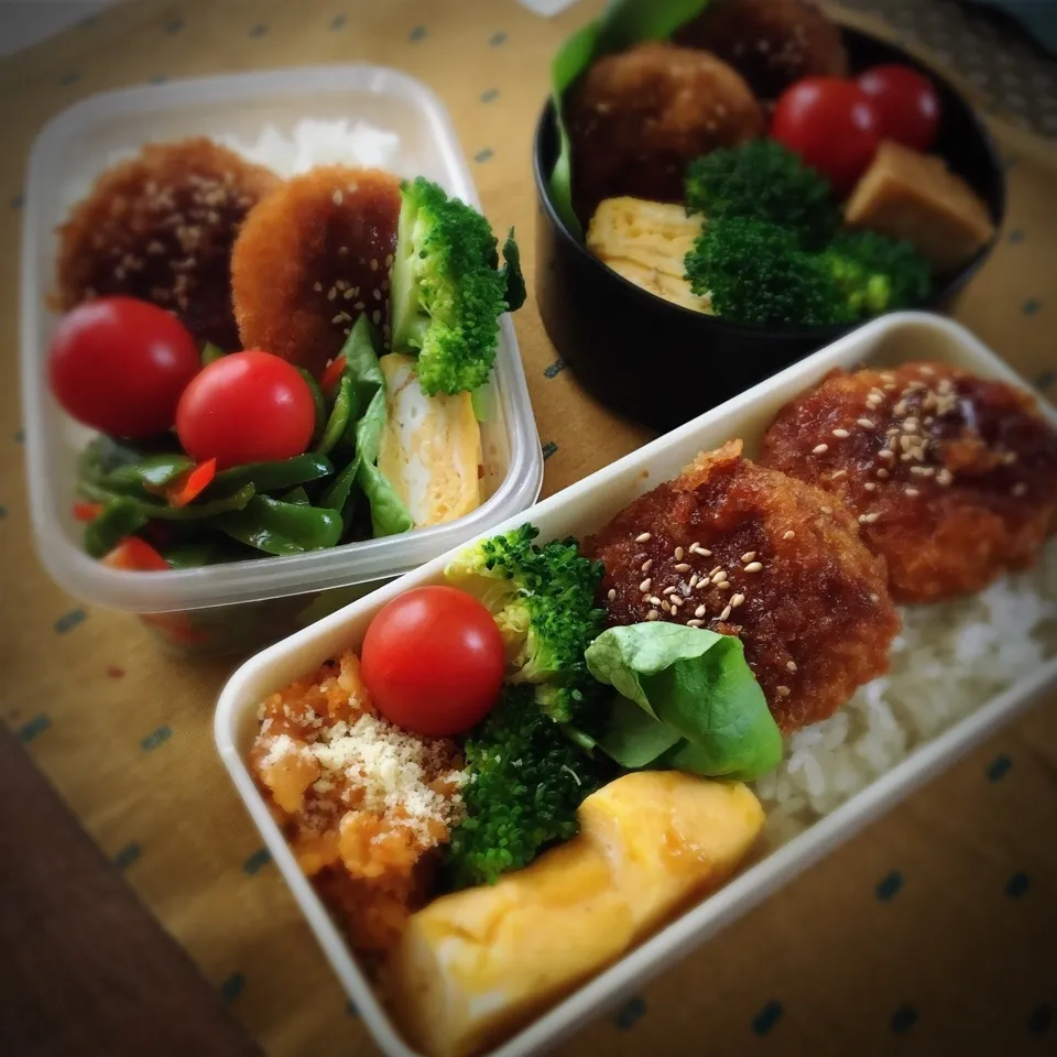 #お弁当 #おひるごはん #メンチカツ 

おはようございます🌞
今日の主人と息子とワタシのお弁当🍱|renharuruさん