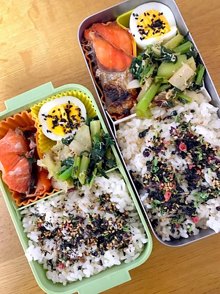 Snapdishの料理写真:大根の葉っぱのシラス炒めとシャケ弁当。パパママ仕事弁。|めぐりんさん