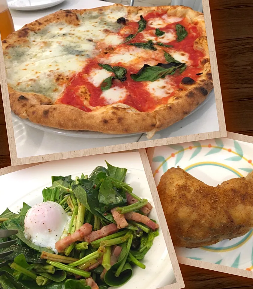 Snapdishの料理写真:晩ごはん    ピッツァ クアトロフォルマッジとマルゲリータのHALF&HALF  パンチェッタとほうれん草のサラダ   揚げ鶏（辛口）|ぽんたさん