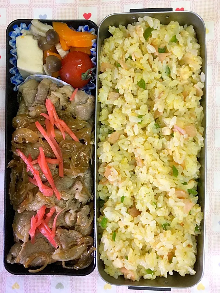 4月14日 息子弁当
炒飯
豚ロース生姜焼き  高野豆腐煮物|オリーブさん