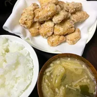 #竜田揚げ #れんこんの素揚げ #お味噌汁|やくもさん