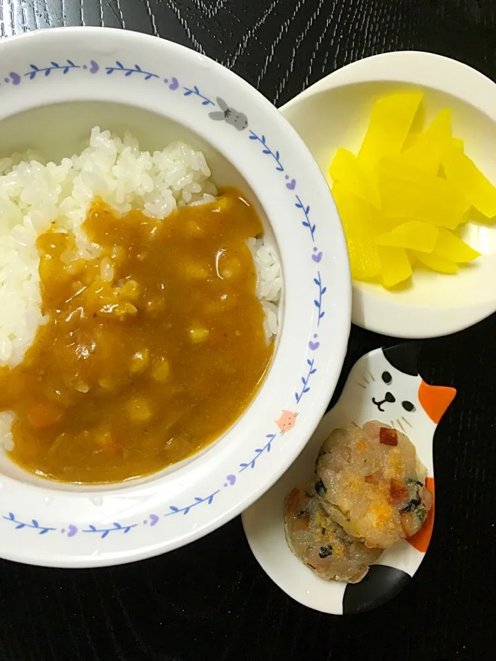 アンパンマンカレー、れんこん餅、お新香。

#ムスメご飯 #旦那が夕飯要らない日|mossan＠OSAKAさん