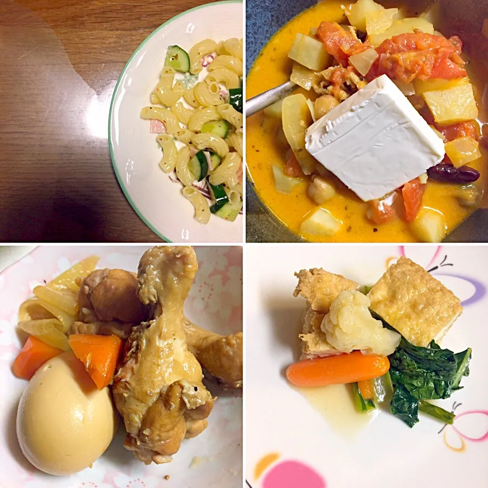 Snapdishの料理写真:#休日ゴハン当番
#手羽元の甘辛煮 
#豆と豚のカレー
#小松菜と厚揚げの炒め物|Fuyucoさん