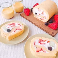 Snapdishの料理写真:フルーツロールケーキ・クレームキャラメル #ロールケーキ#フルーツロールケーキ#プリン