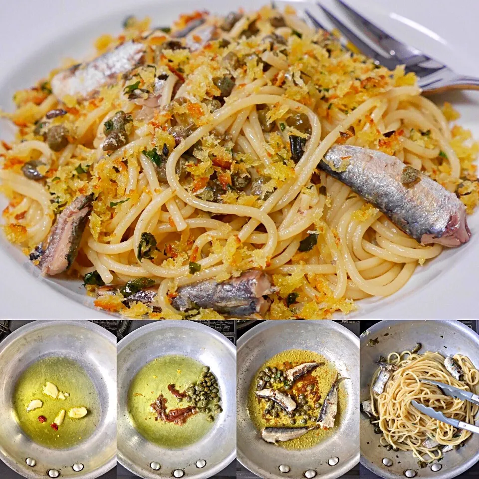 オイルサーディンとケイパーのスパゲティ サクサクの香草パン粉をふりかけて#パスタ#pasta #スパゲティ #オイルサーディン|もっちゃんさん