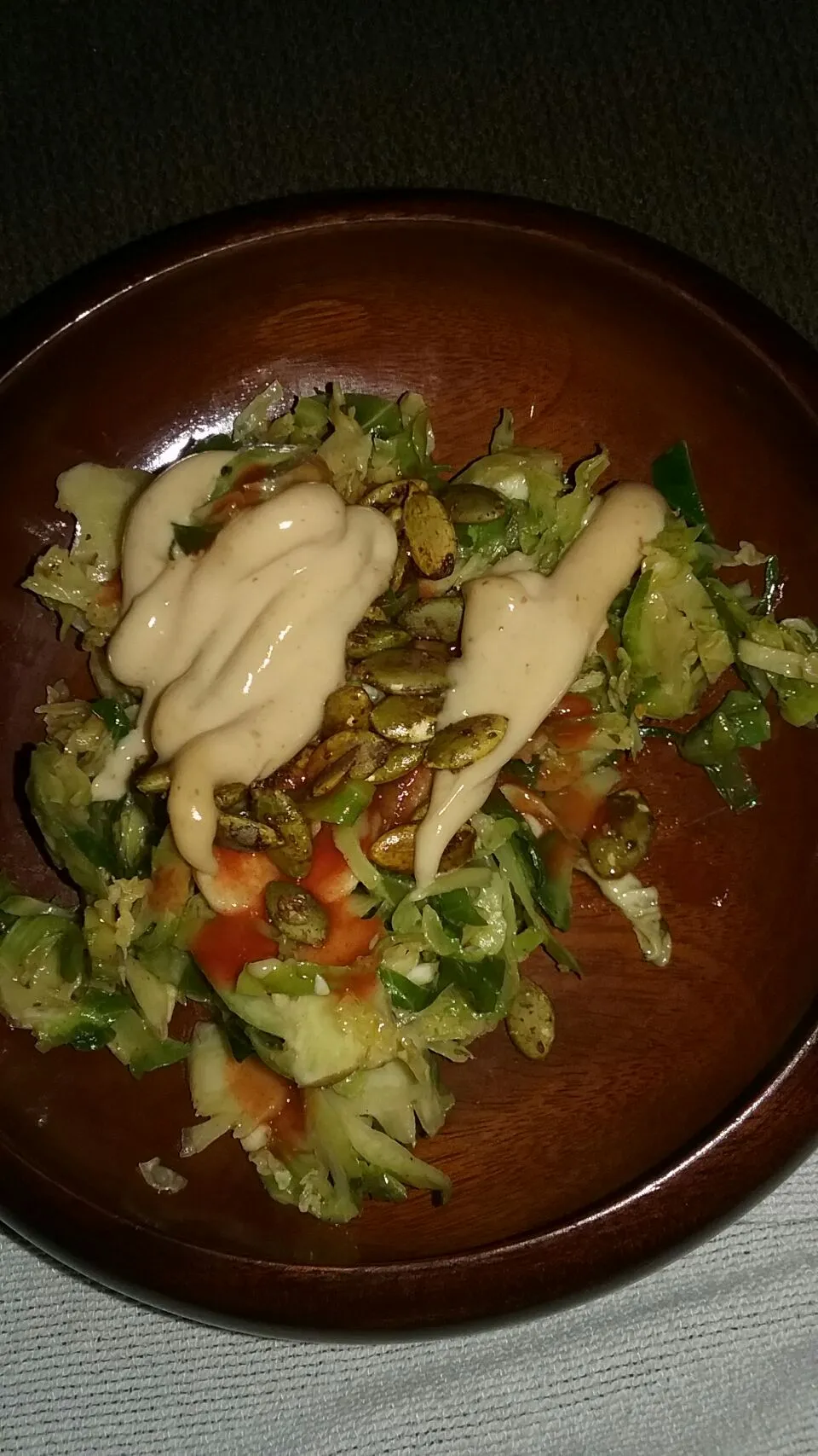 Brussels sprouts salad with mayo and pumpkin seeds.|Polly Gelfusoさん