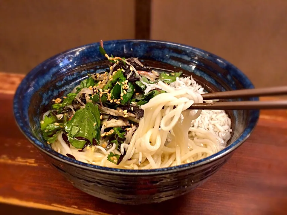 生ひじきと春菊のそうめん しらす乗せ1|半田手延べそうめんの店 阿波や壱兆さん