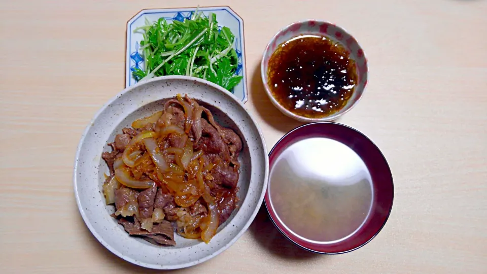 Snapdishの料理写真:4月11日　牛丼　水菜のサラダ　もずく　しじみのお味噌汁|いもこ。さん