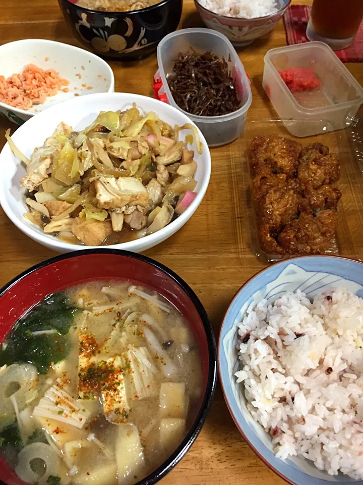 昨日の残りのおかず、惣菜の韓国風からあげ、キノコとあげのみそ汁*\(^o^)/*|すかラインさん