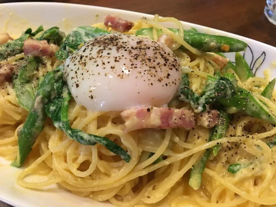 Snapdishの料理写真:卵とろりん春野菜カルボナーラ|大久保 掬恵さん